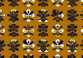 Fototapeta premium An elegant seamless pattern displays intricate damask-style floral motifs in deep blue and light cream, set against a warm golden-brown backdrop.