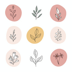 Minimalist hand drawn botanical line art icons set with floral leaves branches flower sketches on pastel color backgrounds for logo design or social media highlights collection vector illustration