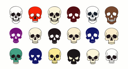 Obraz premium A vibrant collection of stylized human skull illustrations in various colors, arranged neatly on a clean white background, perfect for diverse design projects.