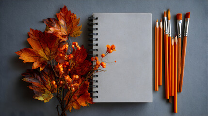 Vibrant autumn leaves and art supplies beside a blank notebook invite creative inspiration and seasonal journaling