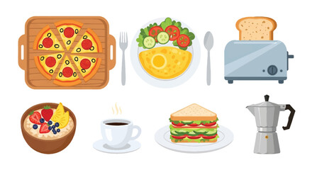 Set of flat style vector illustrations of food and drinks including pizza, omelet with salad, fruit oatmeal, sandwich, toast, coffee, and moka pot, ideal for breakfast and menu design