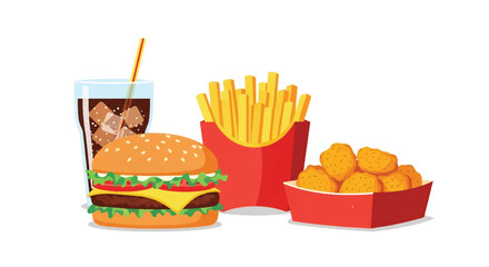 Flat style vector illustration of a fast food meal with burger, fries, chicken nuggets, and soda with ice, perfect for restaurant menus, delivery promotions, and food advertising