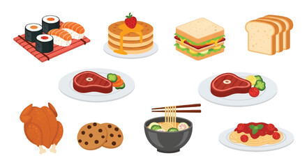 Set of flat style vector illustrations of various foods including sushi, pancakes, sandwiches, bread, ramen, roast chicken, steak with salad, spaghetti, and cookies, ideal for menu and food design