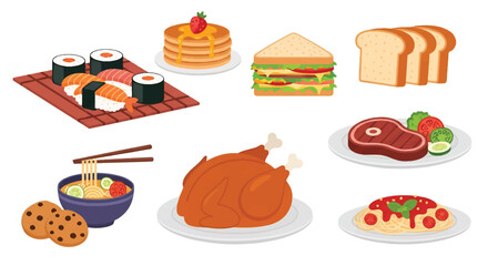 Set of flat style vector illustrations of various foods including sushi, pancakes, sandwiches, bread, ramen, roast chicken, steak with salad, spaghetti, and cookies, ideal for menu and food design
