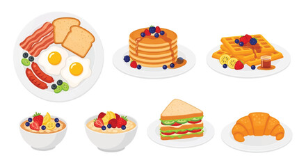 Set of flat style vector illustrations of breakfast dishes including sandwich, pancakes, waffles, oatmeal, eggs with bacon, sausage, toast, and croissant, ideal for food design and menu concepts