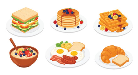 Set of flat style vector illustrations of breakfast dishes including sandwich, pancakes, waffles, oatmeal, eggs with bacon, sausage, toast, and croissant, ideal for food design and menu concepts