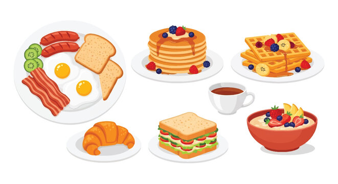 Set of flat style vector illustrations of breakfast dishes including sandwich, pancakes, waffles, oatmeal, eggs with bacon, sausage, toast, and croissant, ideal for food design and menu concepts