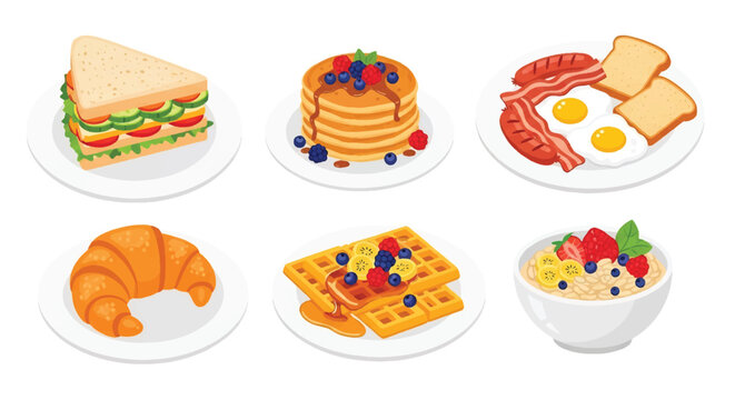 Set of flat style vector illustrations of breakfast dishes including sandwich, pancakes, waffles, oatmeal, eggs with bacon, sausage, toast, and croissant, ideal for food design and menu concepts