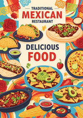 Vintage illustration of a Mexican restaurant poster featuring tacos, nachos, guacamole, enchiladas, and traditional dishes, ideal for food marketing, menu design, and restaurant advertising