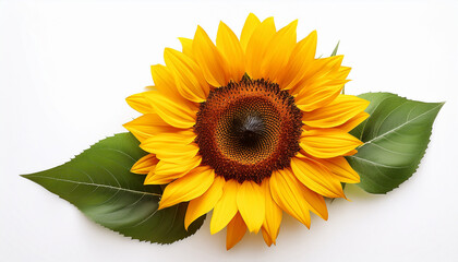 Naklejka premium Isolated Sunflower With Yellow Petals And Green Leaves On A White Background