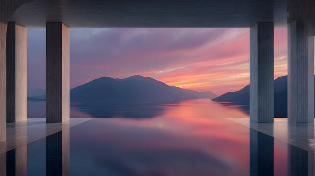 Stunning infinity pool frames breathtaking sunset over serene mountain lake, modern architectural luxury meets natural beauty - Powered by Adobe