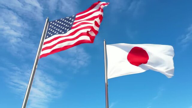 American and Japanese Flags Waving in Harmony - A Symbol of International Partnership and Alliance.