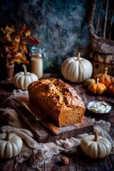 A loaf of freshly baked pumpkin bread sits on a wooden cutting board, surrounded by white and orange pumpkins. Autumn leaves and a jar of milk complete the warm, seasonal atmosphere