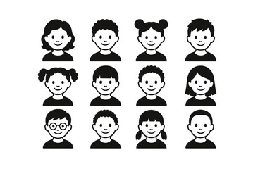 Silhouette set of diverse happy children faces in black and white