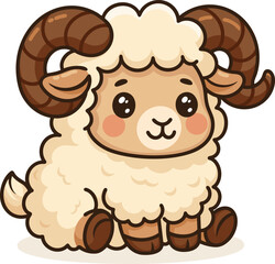 Cute cartoon ram vector illustration. Fluffy farm animal with big horns and friendly face. Ideal for children’s projects, stickers, posters, and educational materials.