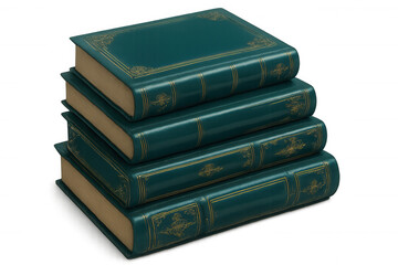 Golden-decorated teal hardcover books stacked neatly, presenting sophisticated literary collection against clean transparent surface, conveying elegant academic aesthetic