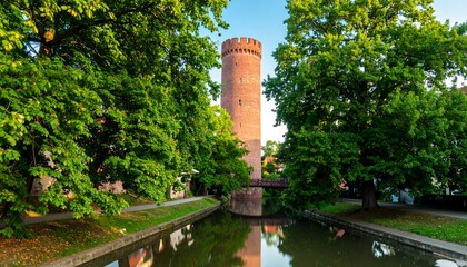 Medieval town tower by a canal. Lush trees frame a historic structure