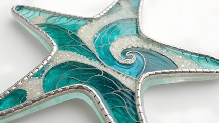 Naklejka premium A glass starfish filled with turquoise ocean waves, fractures lined with silver.