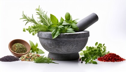 a stone mortar and pestle filled with various fresh herbs and spices inside isolated on white background