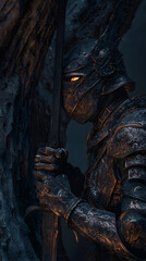 Mysterious, ornate knight in dark armor stands ready with glowing eyes and a gleaming sword, evoking epic fantasy and ancient legends.