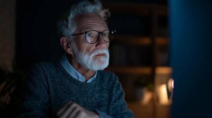 Senior man intently gazing at a glowing screen in a dark room, deep in thought about cyber security and data protection footage. - Powered by Adobe