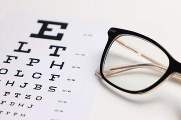 eye test chart and eye glass from a ophmologist clinic that help persons with optical diseases 