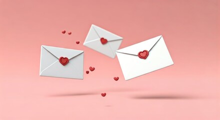 Three white envelopes with red hearts, floating on a soft pink background