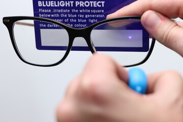 UV filter protection in a glass lens confirmed by a blue led light and a white card