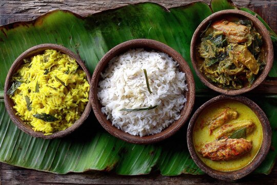Coconut rice served in traditional clay bowls alongside vibrant curries and fragrant yellow rice on a banana leaf, showcasing a rich culinary experience with tropical flavors