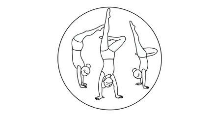 Minimalist black and white illustration depicting three women demonstrating various inverted yoga and acrobatic poses within a clean circular frame, symbolizing balance, strength, and active lifestyle