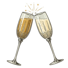Two Champagne Flutes Clinking, Celebrating with Bubbles