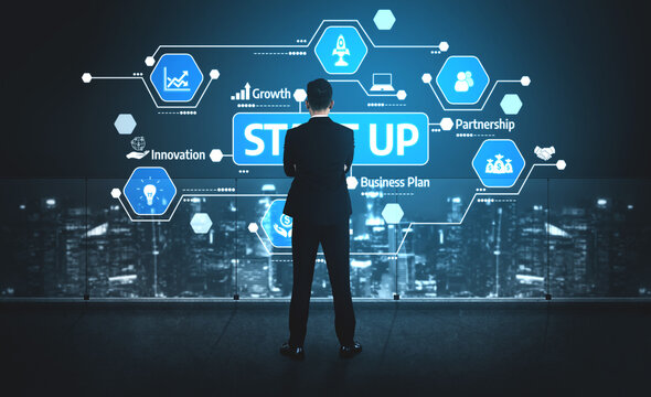 A businessman stands before a digital interface displaying concepts related to startup growth and analytics, capturing the essence of modern entrepreneurship in a vibrant urban setting. Tessel