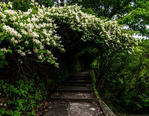 Pathway through a dense floral archway