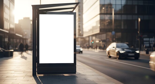 Blank Vertical Billboard Mockup at Urban Bus Stop During Golden Hour Sunset