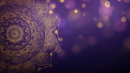 Golden mandala patterns with light particles on purple background