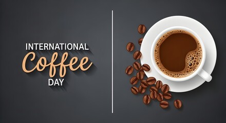 International Coffee Day Banner Design with Hot Coffee Cup, Roasted Beans, and Modern Typography on Dark Background