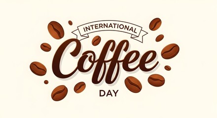 International Coffee Day Celebration Banner with Hand-Lettered Typography and Scattered Roasted Coffee Beans on Light Background