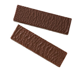 Chocolate wafer bar isolated on white background. Two chocolate waffles isolated on white background. Top view.