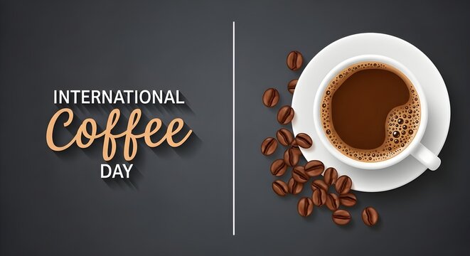 International Coffee Day Banner Design with Hot Coffee Cup, Roasted Beans, and Modern Typography on Dark Background - Powered by Adobe