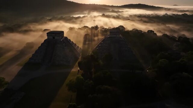 Aerial view of ancient mayan pyramids at sunrise, with golden sunbeams piercing through morning mist, highlighting the historical significance and beauty
