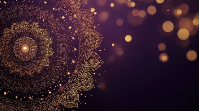 Golden mandala patterns with light particles on purple background