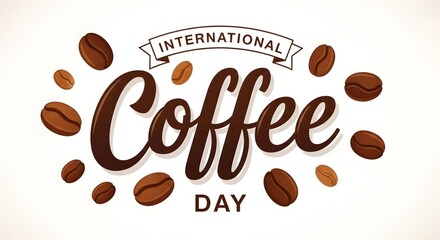 International Coffee Day Celebration Banner Design with Hand-Lettered Typography and Scattered Coffee Beans