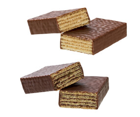 Two halves of a chocolate bar stuffed with crispy wafers and chocolate cream isolated on a white background.