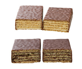 Halves chocolate bar with milk cream and wafer filling isolated on a white background.
