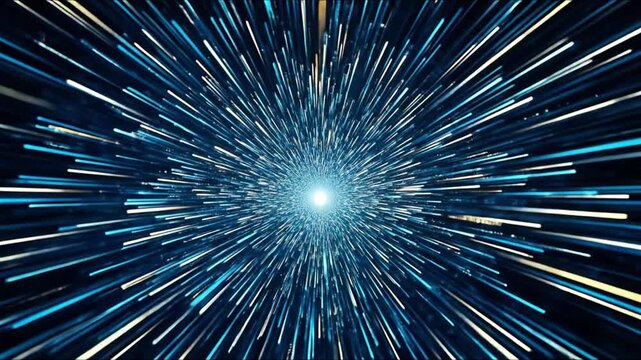A radiant central point emits numerous glowing blue and white lines creating a tunnel-like effect The streaks convey rapid motion through a dark abstract space - Powered by Adobe