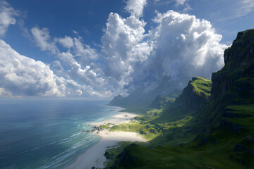 Stunning coastal panorama features dramatic green cliffs meeting a serene turquoise ocean under a vast, cloudy sky