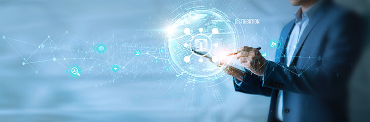 Businessman using tab distribution icon with global network. Supply chain optimization, logistics...