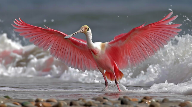 National Geographic-style photo of a roseate spoonbill splashing water in the air, vibrant pink bird on a beach