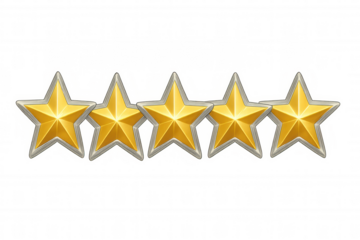Golden metallic stars with silver outline aligned perfectly, symbolizing top-tier rating, outstanding performance, peak quality, and customer excellence on clear background