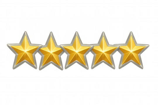 Golden metallic stars with silver outline aligned perfectly, symbolizing top-tier rating, outstanding performance, peak quality, and customer excellence on clear background